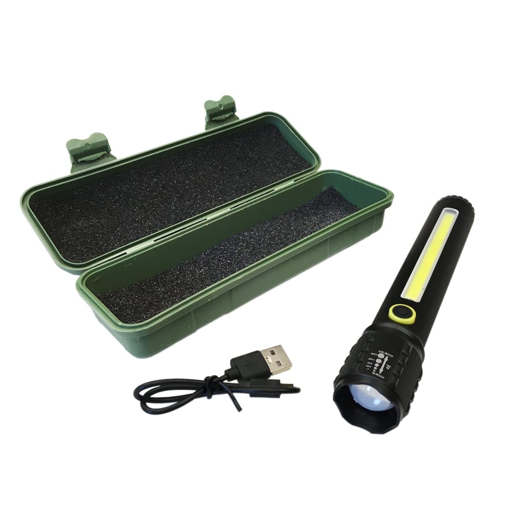 Rechargeable Flashlight with Integrated LED Strip and Adjustable Focus